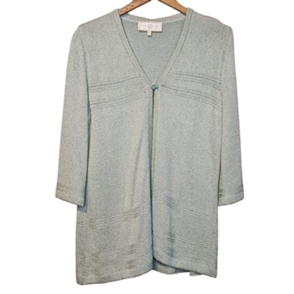 St John Sport Cardigan Sweater Womens Large Seafoam Green Metallic Open Front